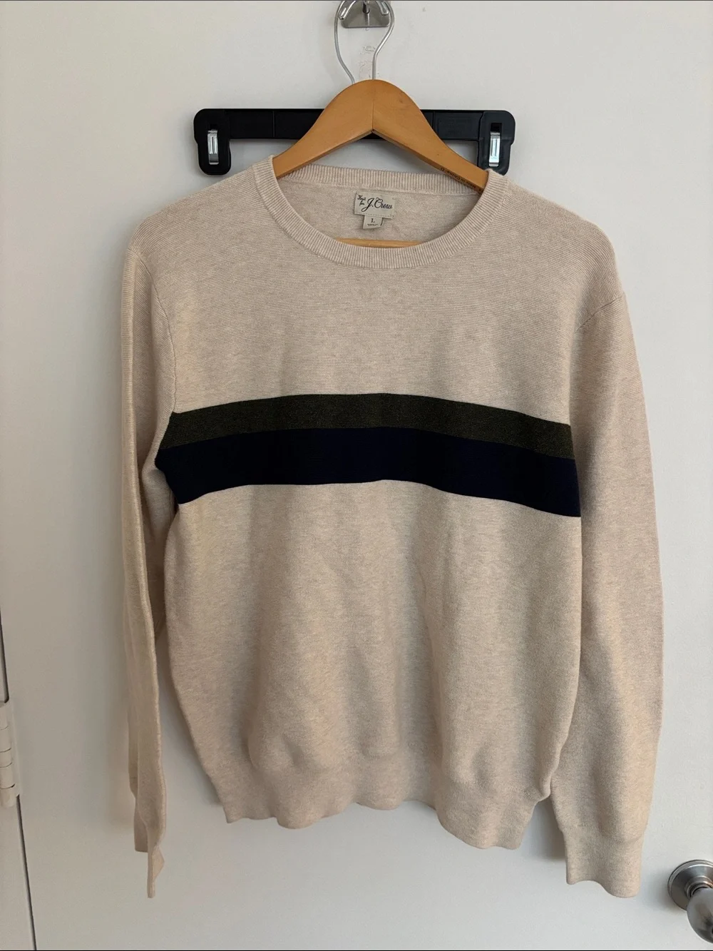 J. Crew Men's Cream Crewneck Sweater with Navy and Olive Stripes